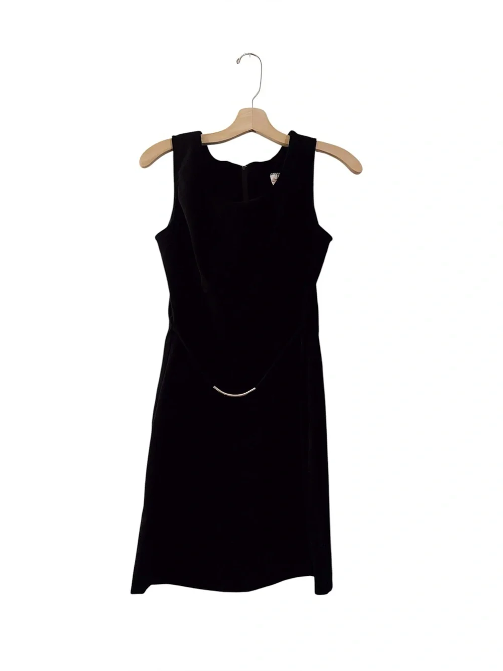 Vintage Black Velvet Shift Dress Mini Sleeveless Metal Tube Belt